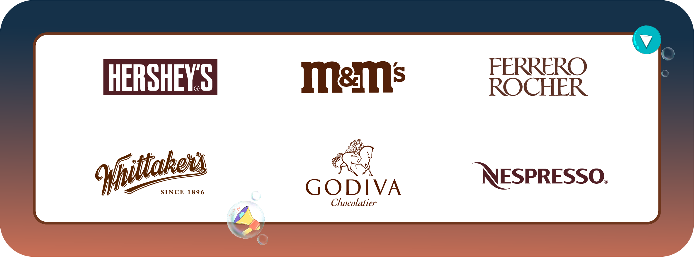 Grouping of Brown colored logoes shwocasing logos for Nespresso, M&Ms, Hersheys and Godiva