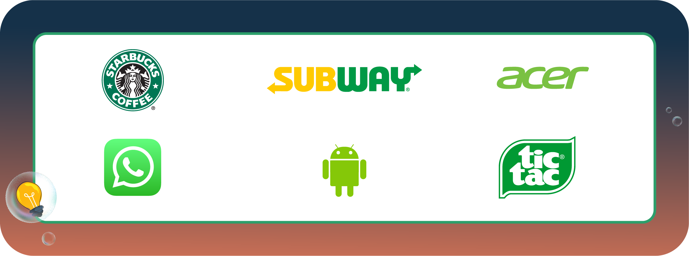 A grouping of green colored logos showcasing Starbucks, Subway, TicTac and WhatsApp