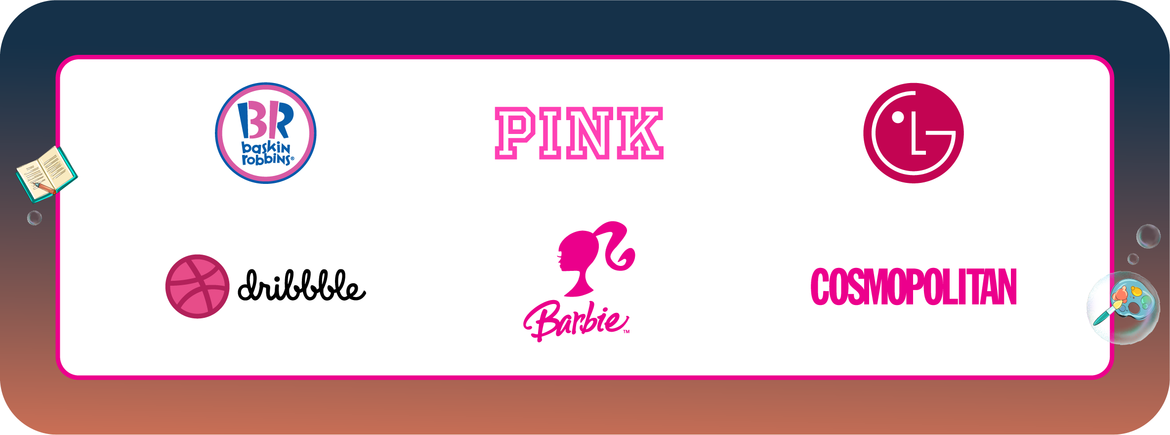 Grouping of pink colored logos showcasing LG, Barbie, PINK and Baskins