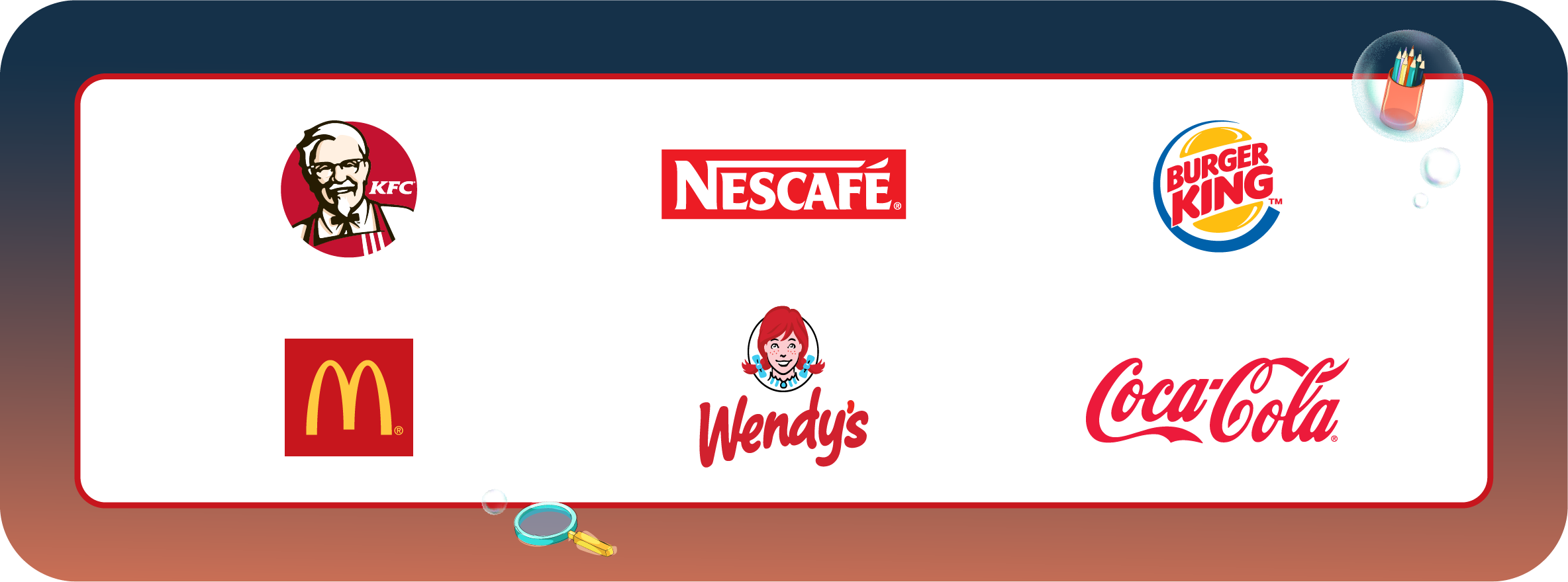 Red colored logos showcasing Wendy's, BurgerKing, McDonalds and Coke