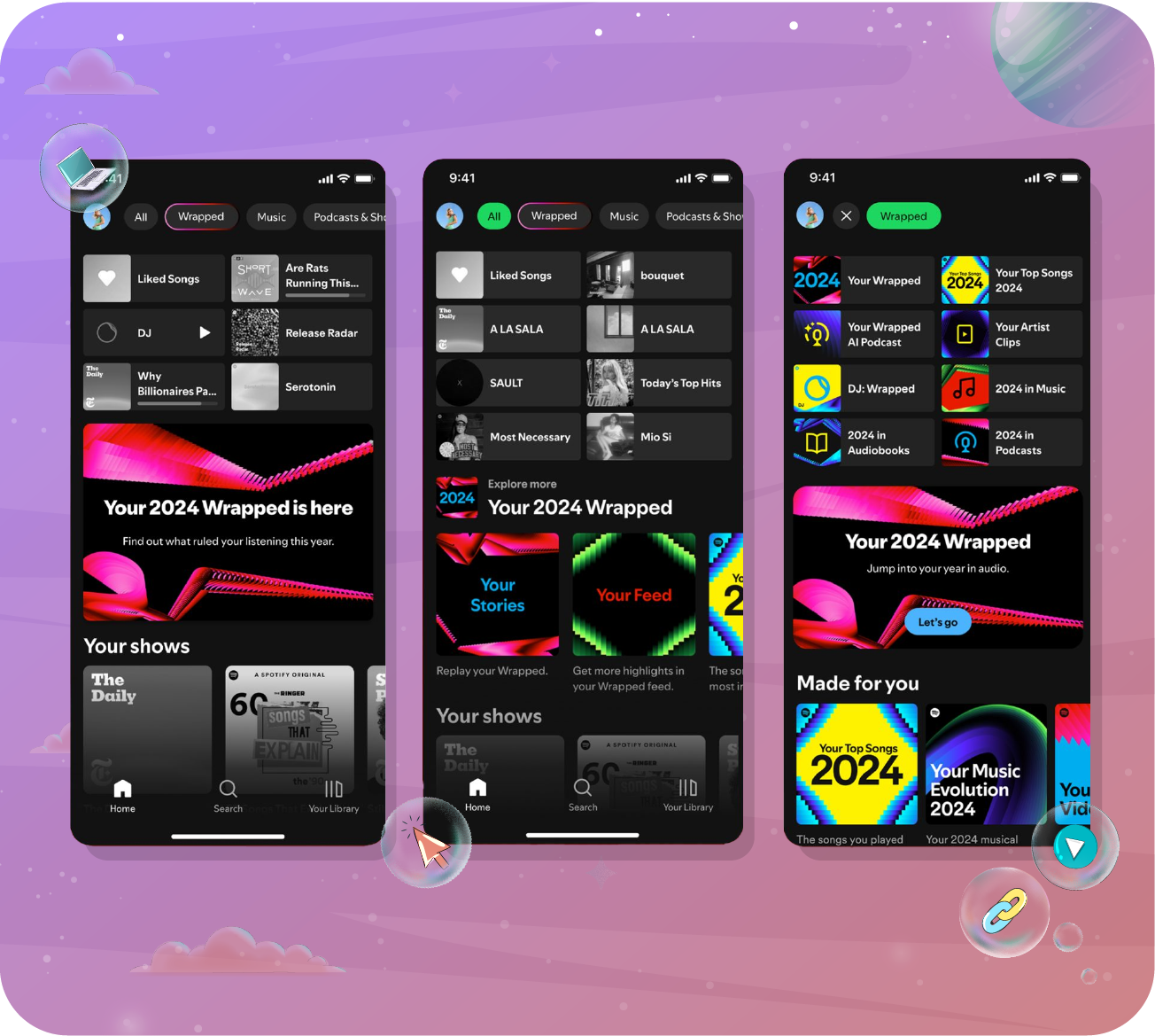 Three screenshots of the Spotify mobile app showing the user interface for the 2024 Spotify Wrapped campaign.
