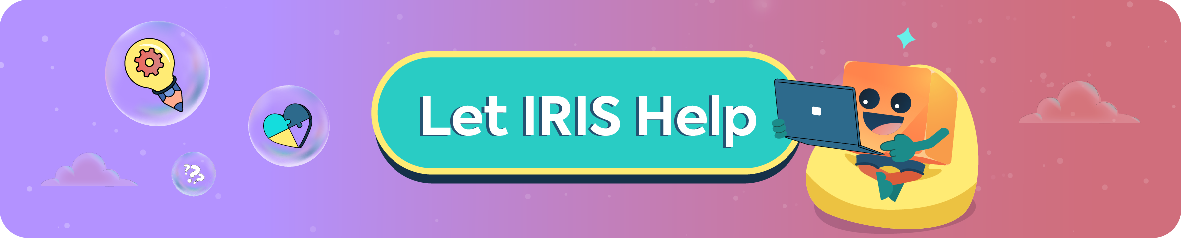 A call-to-action banner for Iris Creatives that says 'Let IRIS Help', featuring the company's mascot holding a laptop.