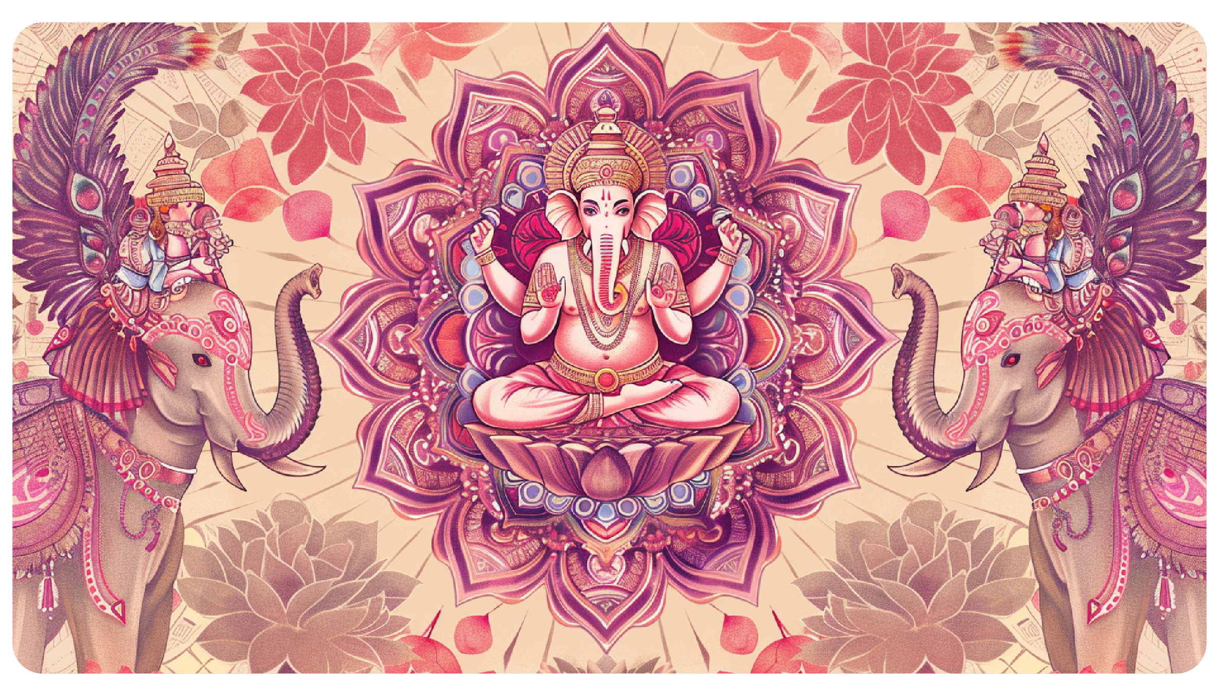 A detailed, symmetrical artwork depicting the Hindu deity Lord Ganesha at the center of an ornate pink mandala. He is flanked by two majestic, decorated elephants against a background of lotus motifs, embodying traditional Indian artistry.