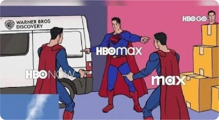 The "Spider-Man Pointing" meme format, but with characters replaced by Superman. Three Supermen labeled "HBO NOW," "HBO MAX," and "max" are pointing at each other in confusion. In the background is a Warner Bros. Discovery van and a character labeled "HBO GO."