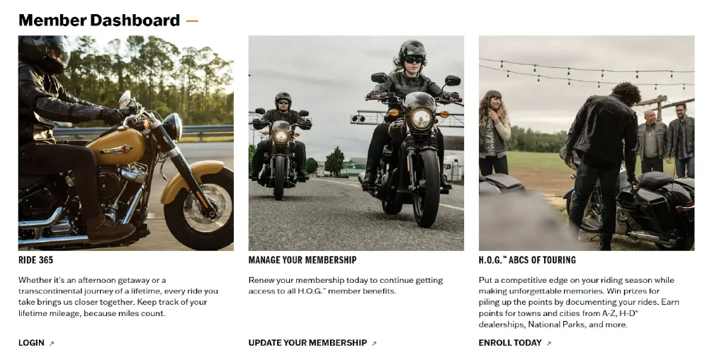 The Harley Owners Group (HOG) member dashboard, showcasing community events and member benefits as a prime example of building brand loyalty and ambassadors.