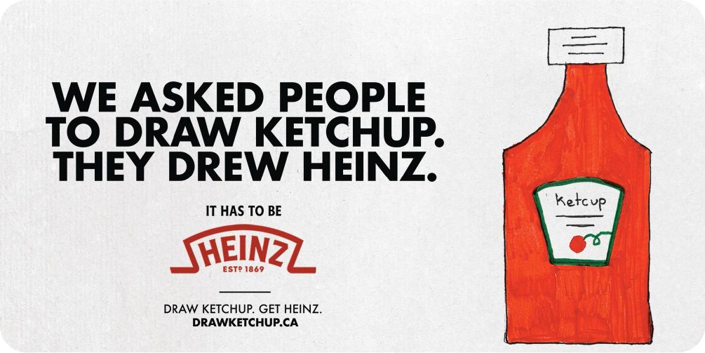 The Heinz 'Draw Ketchup' ad campaign, featuring a simple, hand-drawn ketchup bottle to showcase the power of illustrative design in brand recall.