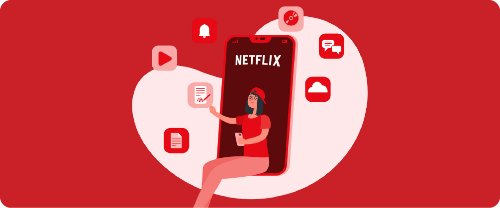 An illustration showing a person interacting with the Netflix app on a large smartphone, symbolizing the company's powerful digital branding and content strategy.