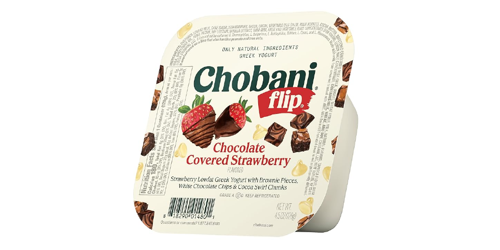 Packaging illustration on a Chobani Flip yogurt, showing chocolate-covered strawberries and brownie pieces to make the product visually appealing.
