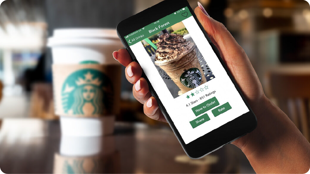A person using the Starbucks mobile app to view a drink, showing how the company uses its digital platform to extend the brand experience and engage customers.