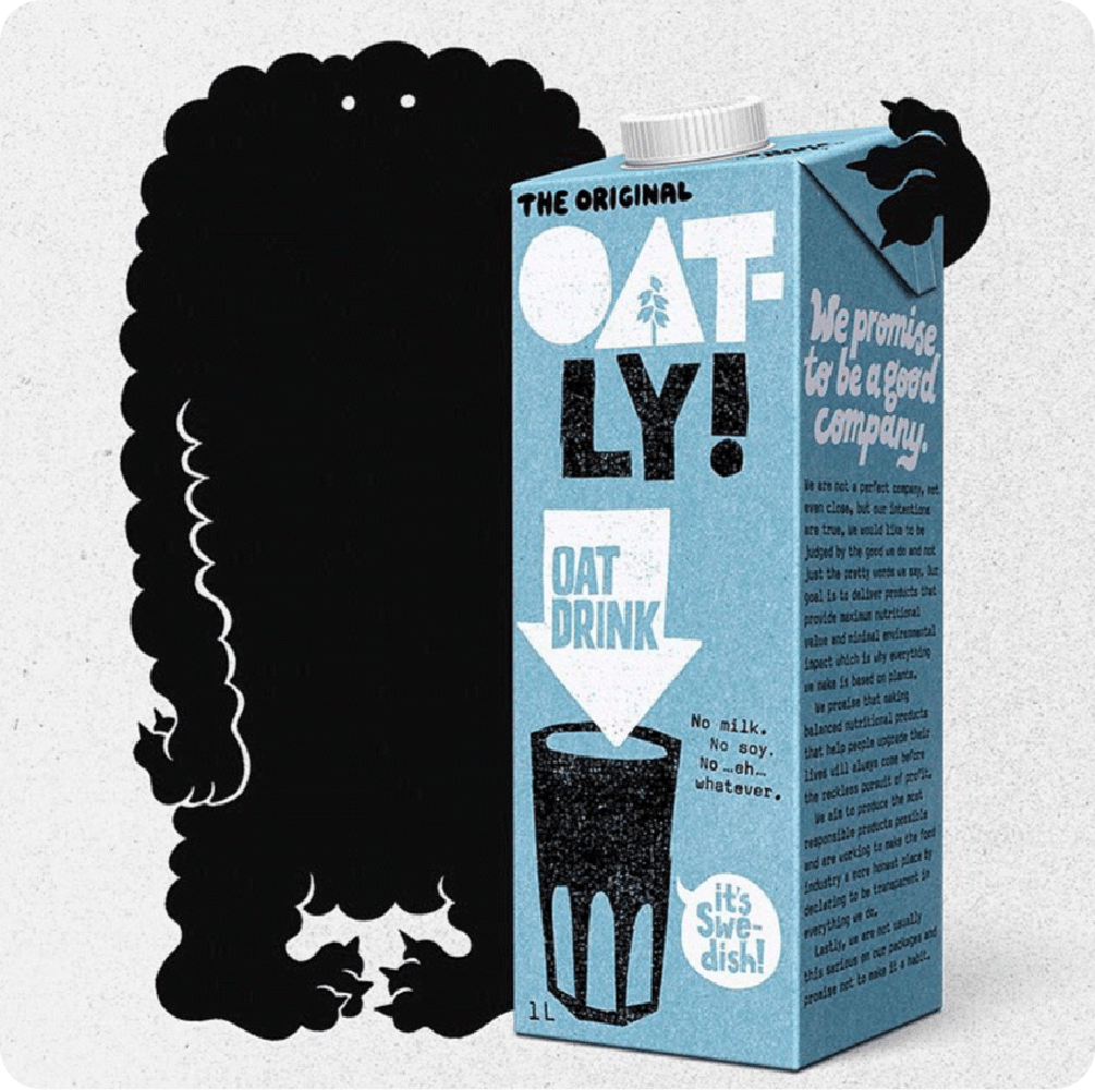 The unique packaging of Oatly oat drink, which uses quirky illustrative design and hand-drawn typography to create a distinct and memorable brand personality.