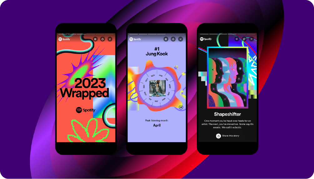 Three smartphone screens showcasing the personalized Spotify Wrapped campaign, a prime example of using data-driven insights for a successful digital branding experience.