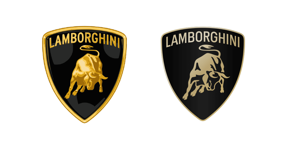 A comparison of the old and new Lamborghini logos, showing the brand's refresh to a more minimalist and streamlined bull illustration in 2024.