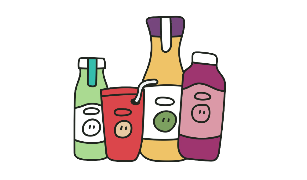 A simple, hand-drawn illustration showcasing a variety of colorful drink bottles, reflecting the charming and friendly brand personality of Innocent Drinks.
