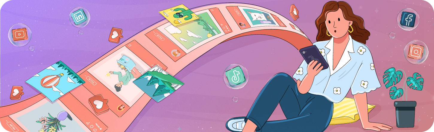 An editorial illustration of a woman scrolling through a vibrant, endless social media feed, representing the need for scroll-stopping visuals in digital marketing. 